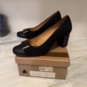 Classic Black Suede Block Heel Pumps